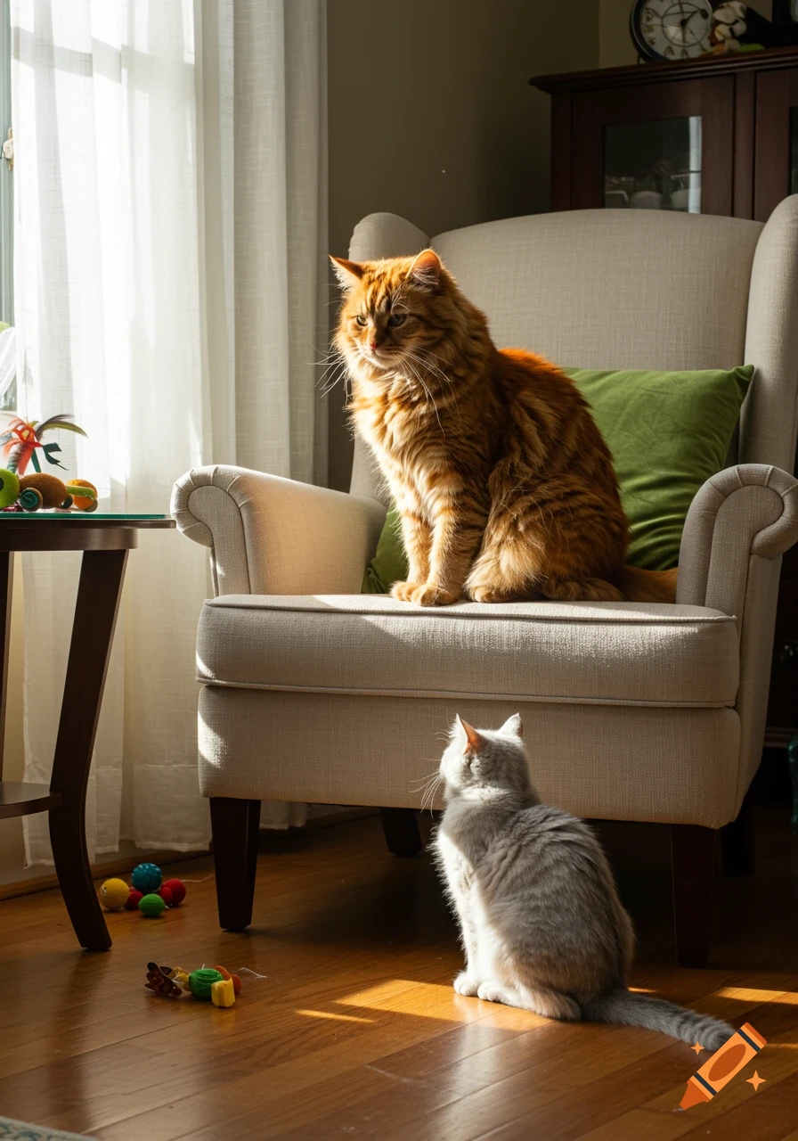 A large ginger cat sits on a beige armchair while a small gray cat sits on the wooden floor below, looking up at it in a sunlit room.