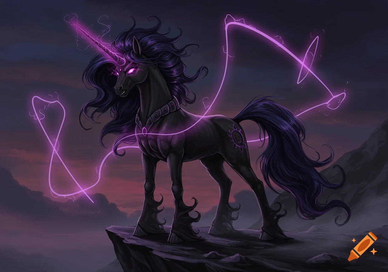 A majestic black unicorn with flowing purple mane and tail stands on a rocky cliff. Its eyes glow purple, and a purple horn emits magical energy that arcs around it under a dark, stormy sky.