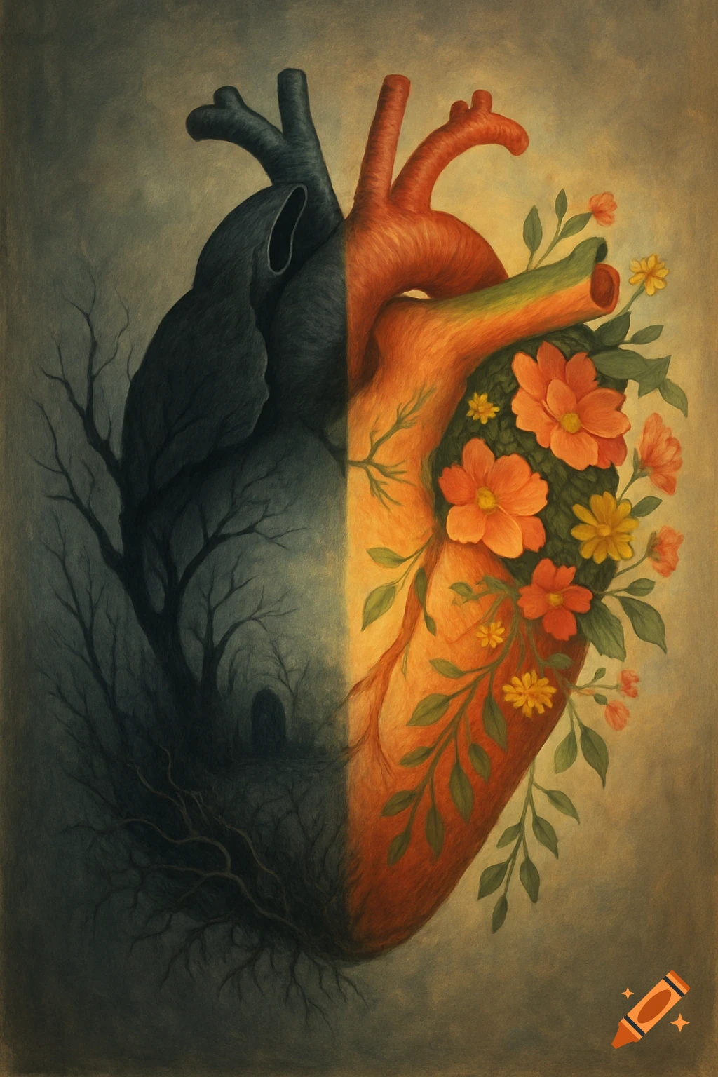 An illustrative anatomical heart split vertically, left side dark with bare trees and roots, right side vibrant with blooming orange and yellow flowers.