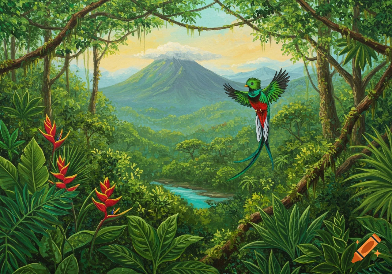 Acrylic painting of a vibrant green jungle with a colorful quetzal bird flying, a volcano, and a river.