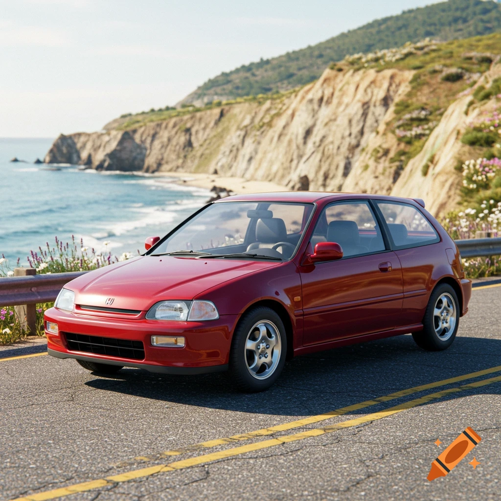 A red Honda Civic parked on a coastal road overlooking the ocean under a clear sky. Photorealistic style.