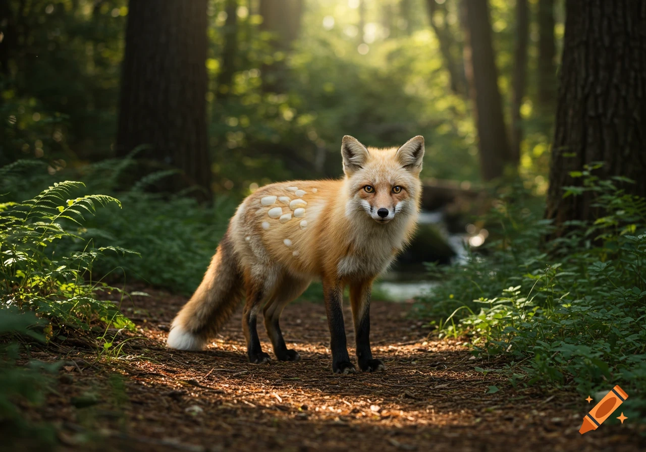 A fox with marshmallow-like white spots on its back stands on a sunlit forest path, looking forward.