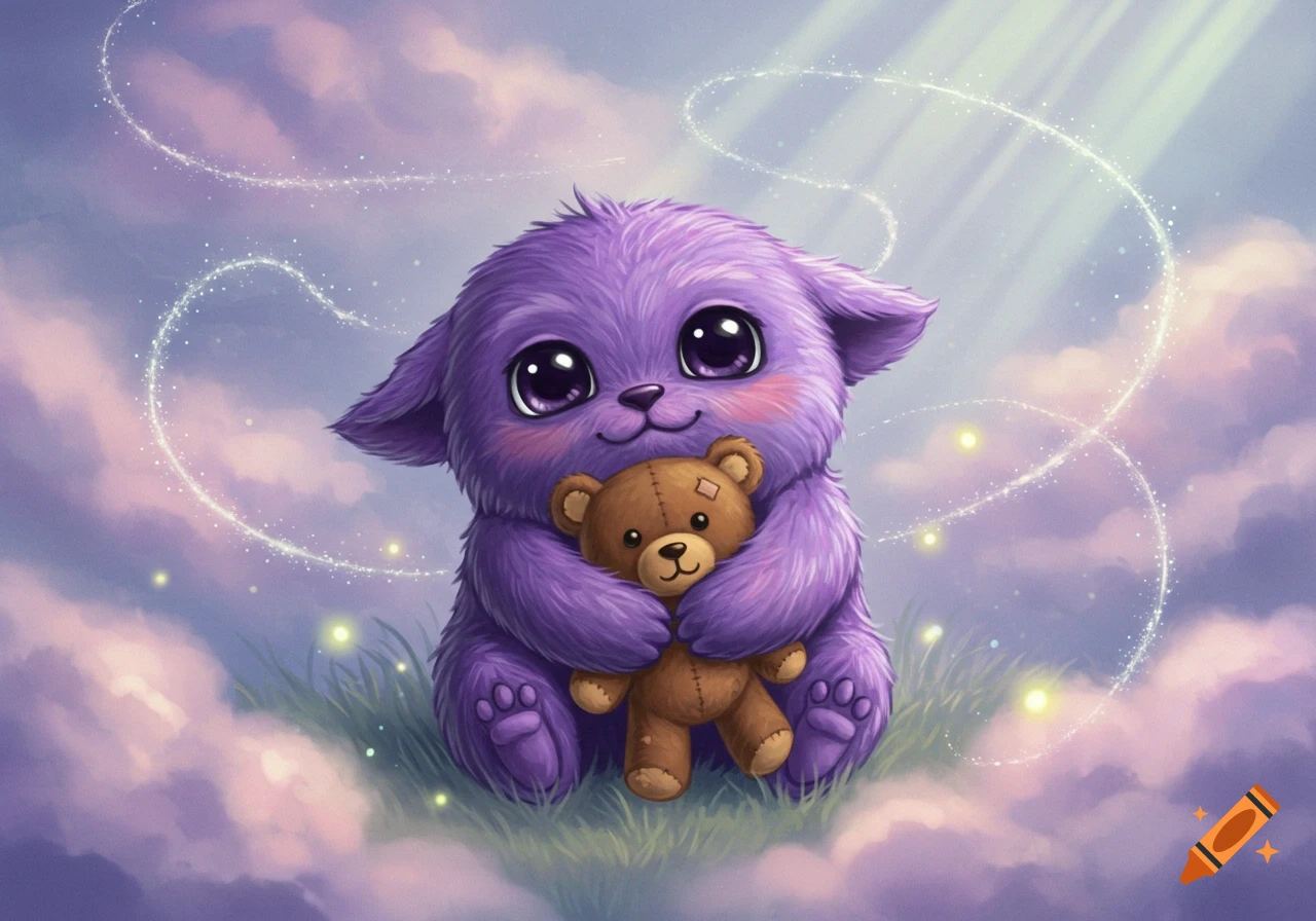 A fluffy purple creature with big eyes smiles while hugging a brown teddy bear, sitting on grassy clouds under a magical sky.