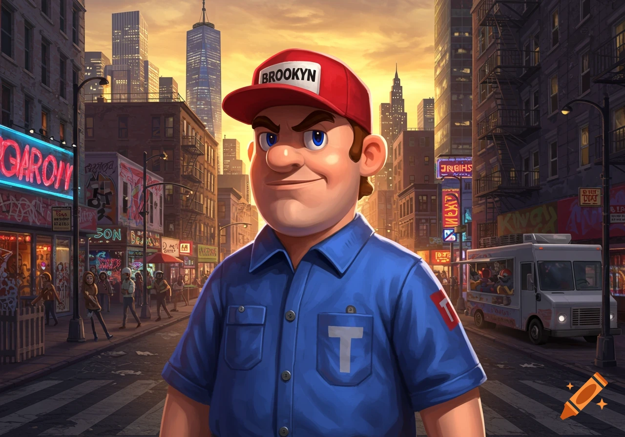 A cartoon man in a red "BROOKLYN" hat and blue shirt with a "T" logo stands in a bustling city street at sunset.