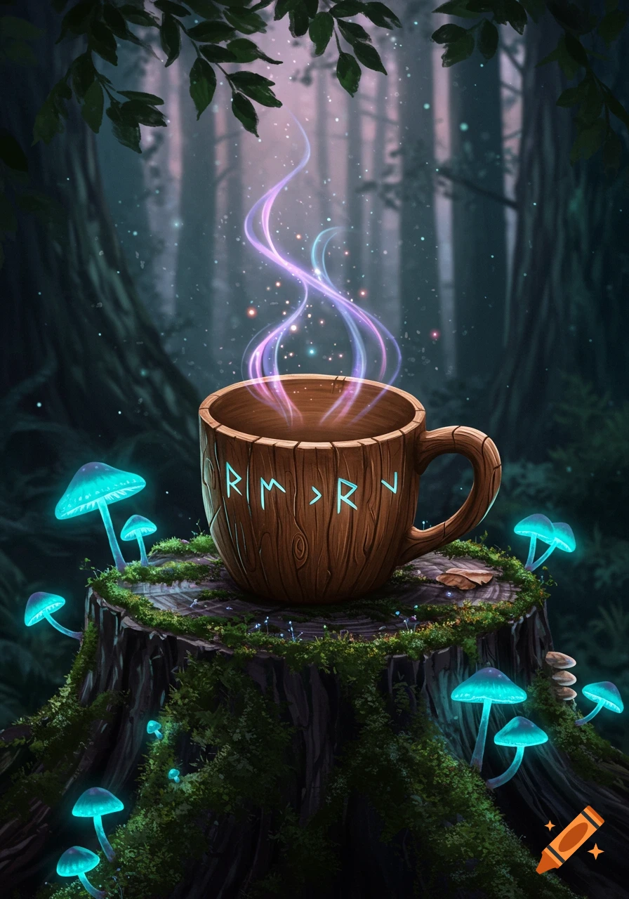 A wooden cup with glowing runes emits purple and blue magic steam, resting on a mossy tree stump with glowing mushrooms in a dark fantasy forest.