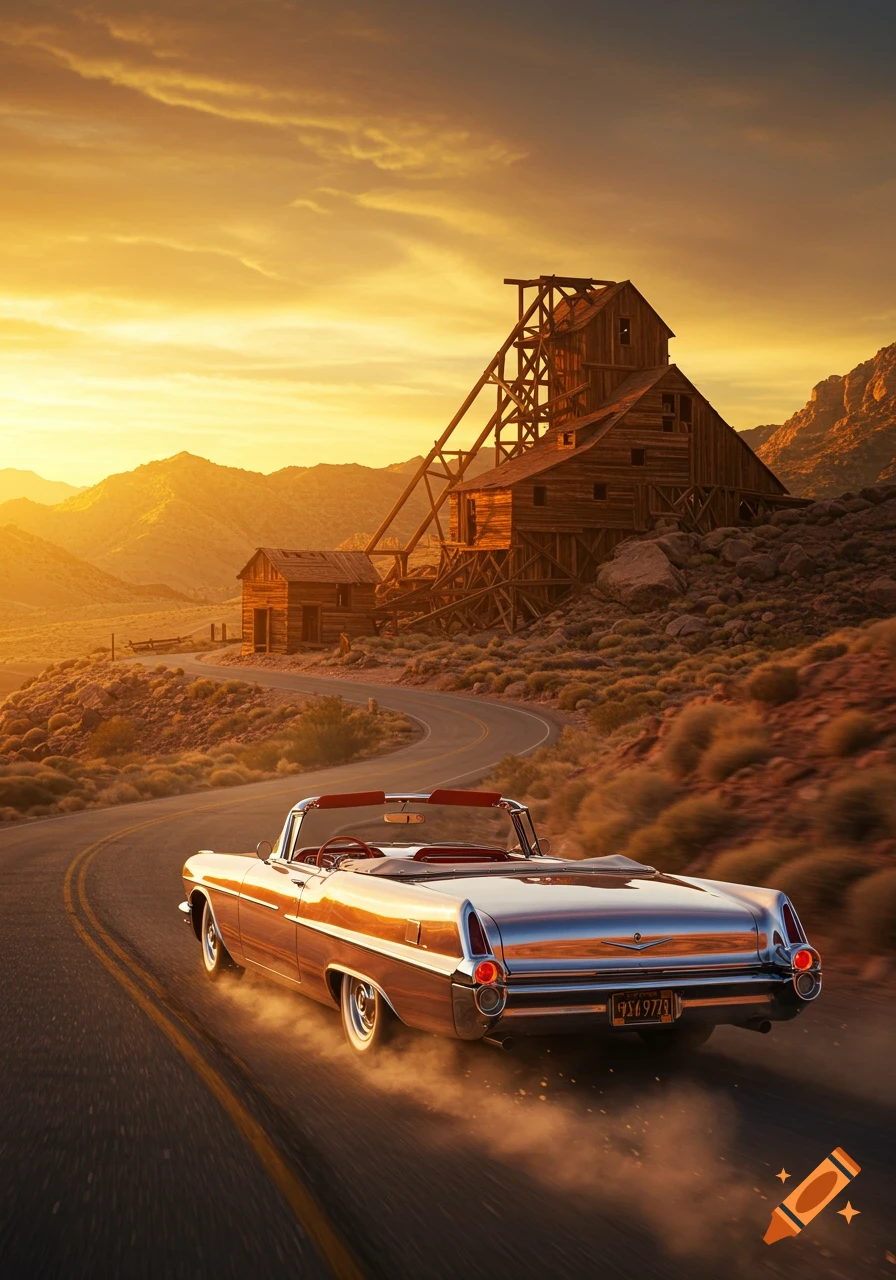 A gleaming vintage convertible drives on a winding road past an old wooden mine building in a golden desert mountain landscape at sunset, photorealistic style.