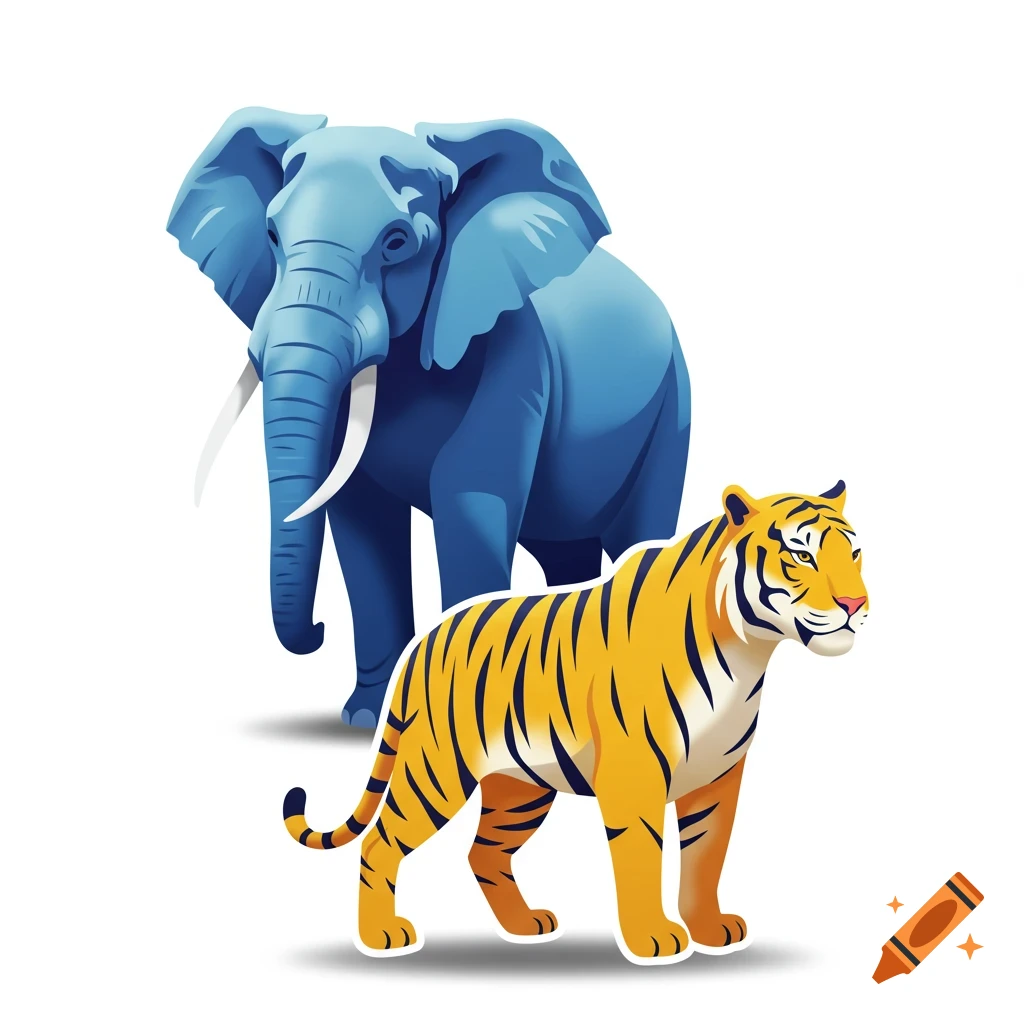 A stylized illustration of a blue elephant with white tusks and a yellow tiger with black stripes.