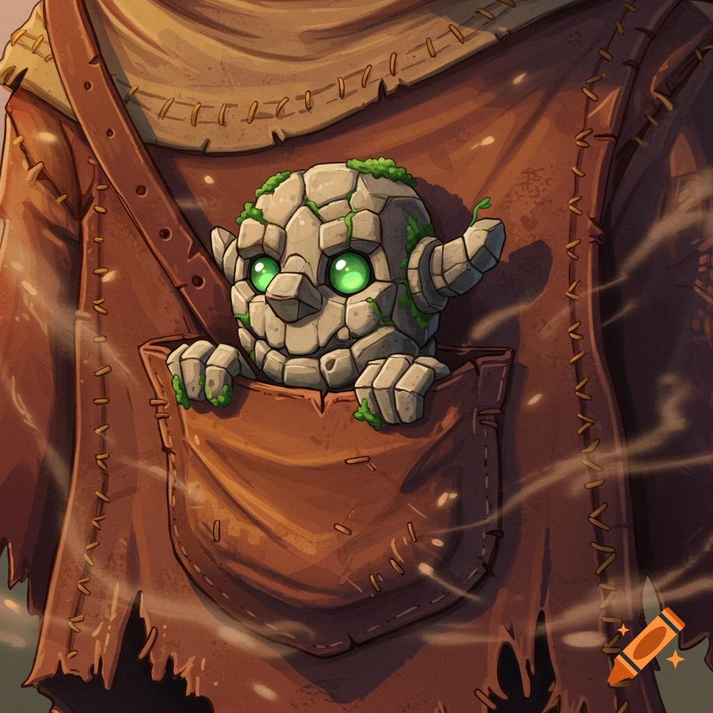 A cute, moss-covered stone golem with glowing green eyes peeks out of a brown fabric pocket, in an illustrative style.