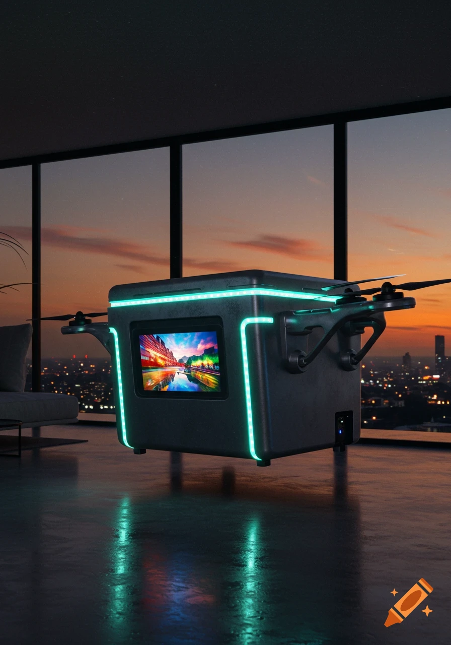 A futuristic delivery drone with teal lights and a screen showing a vibrant city, in a modern apartment at sunset.