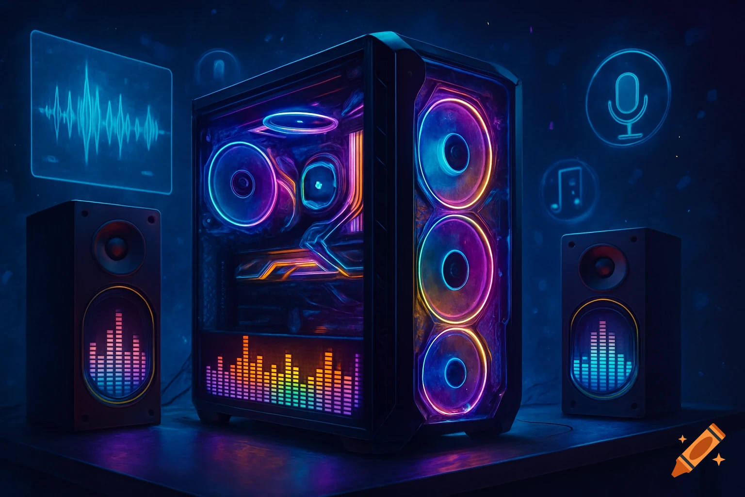 A futuristic gaming PC setup with glowing neon lights, featuring a custom-built computer tower, two speakers with equalizer displays, an audio waveform graphic, and microphone and music note icons.