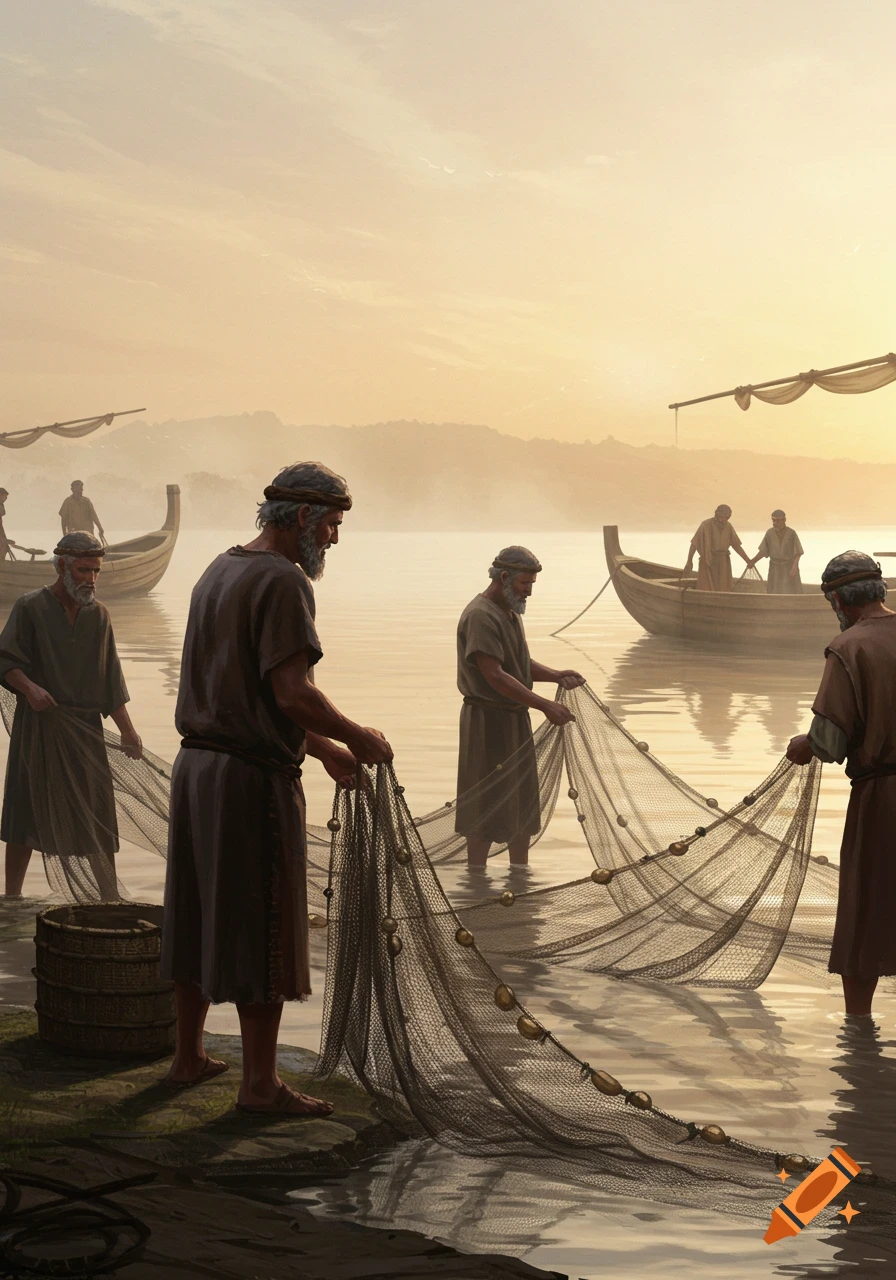 Men in ancient attire wade in a misty lake at sunrise, pulling fishing nets with boats in the background.