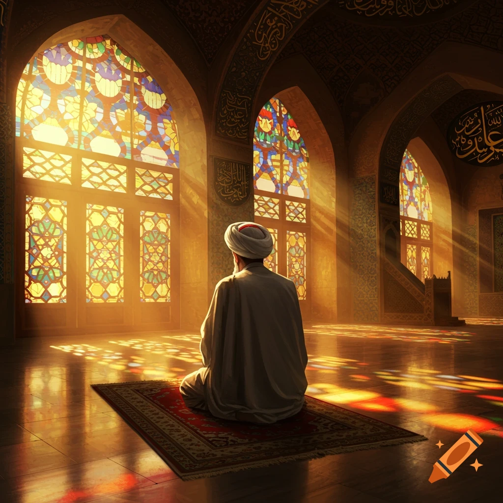 An old Muslim man prays on a red mat in a sunlit mosque, bathed in colorful light from stained glass windows.