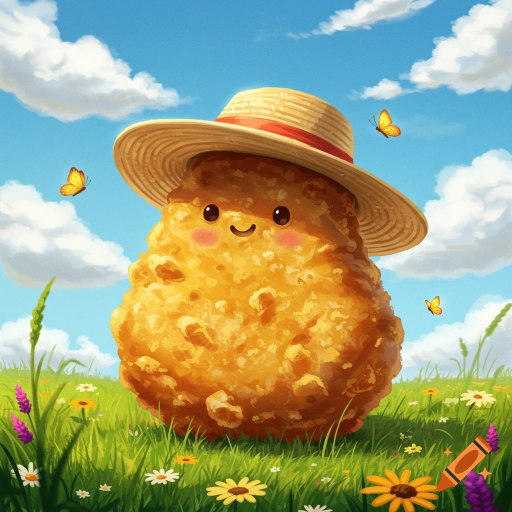 A cute cartoon chicken nugget wearing a straw hat, smiling in a grassy field with colorful flowers and butterflies under a blue sky.
