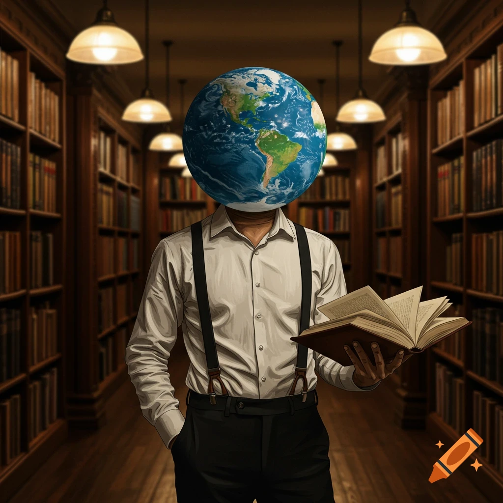An illustrative image of a man with the Earth for a head, wearing a white shirt and suspenders, holding an open book in a library.