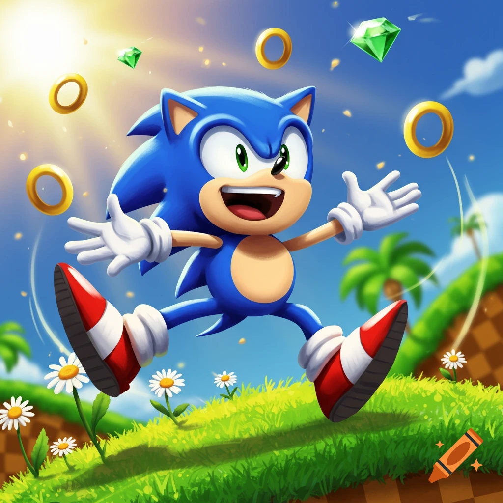 Sonic the Hedgehog joyfully leaps through a sunny Green Hill Zone, surrounded by golden rings and green emeralds.