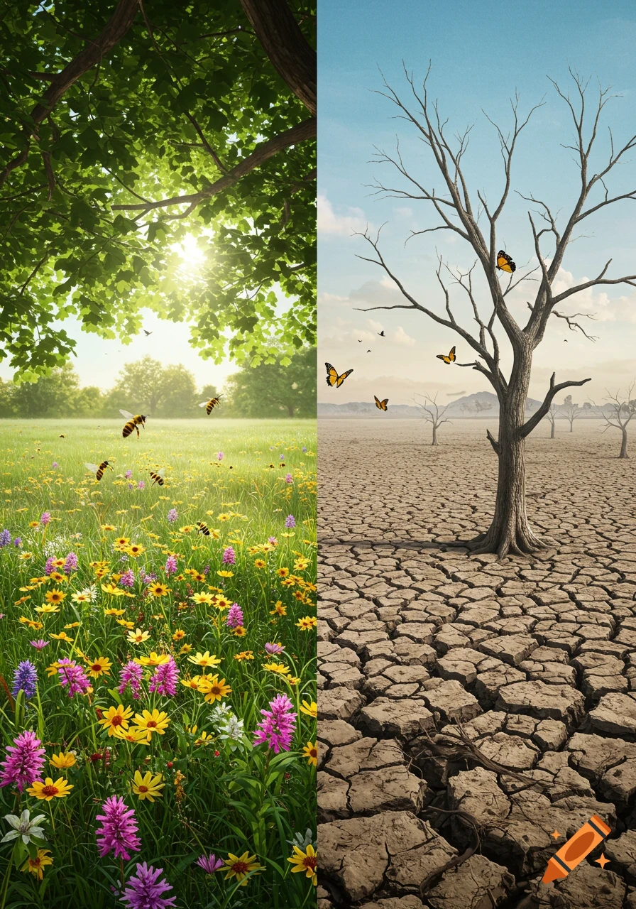 Photorealistic split image contrasting a vibrant green meadow with wildflowers and bees, and a dry, cracked desert with a bare tree.