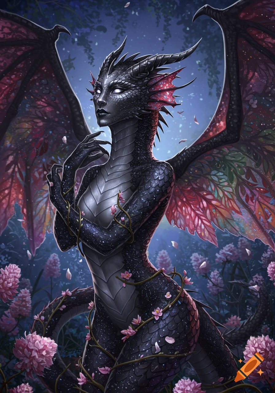 A black and silver half-dragon woman with large, colorful wings and glowing eyes, adorned with pink flowering vines in a dark, magical forest.