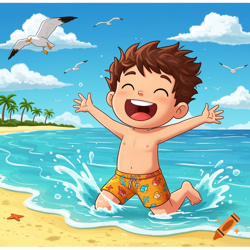A joyful cartoon boy with brown hair in patterned swim trunks plays in the splashing ocean on a sunny beach with palm trees and seagulls.