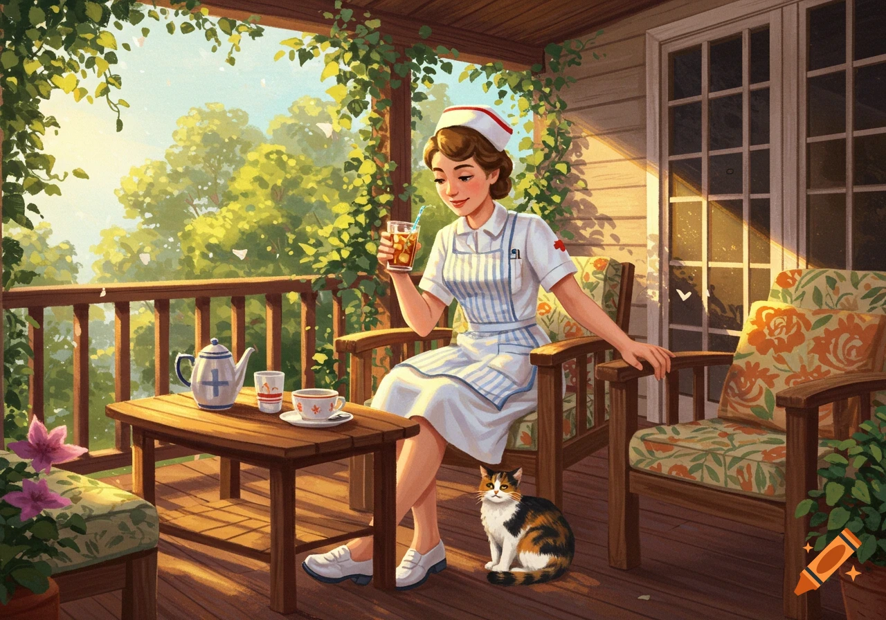 A smiling American nurse in a white uniform with a striped apron sips iced tea on a sunlit wooden porch, a calico cat sits by her feet. Lush green foliage frames the scene, with a teapot and cup on a table beside her. Stylized illustration.