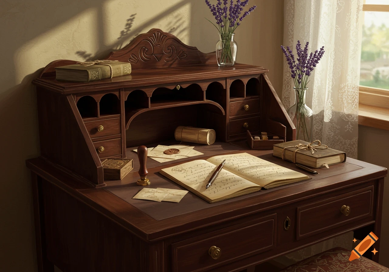 A vintage wooden writing desk with an open book, pen, papers, and two vases of lavender, illuminated by sunlight.