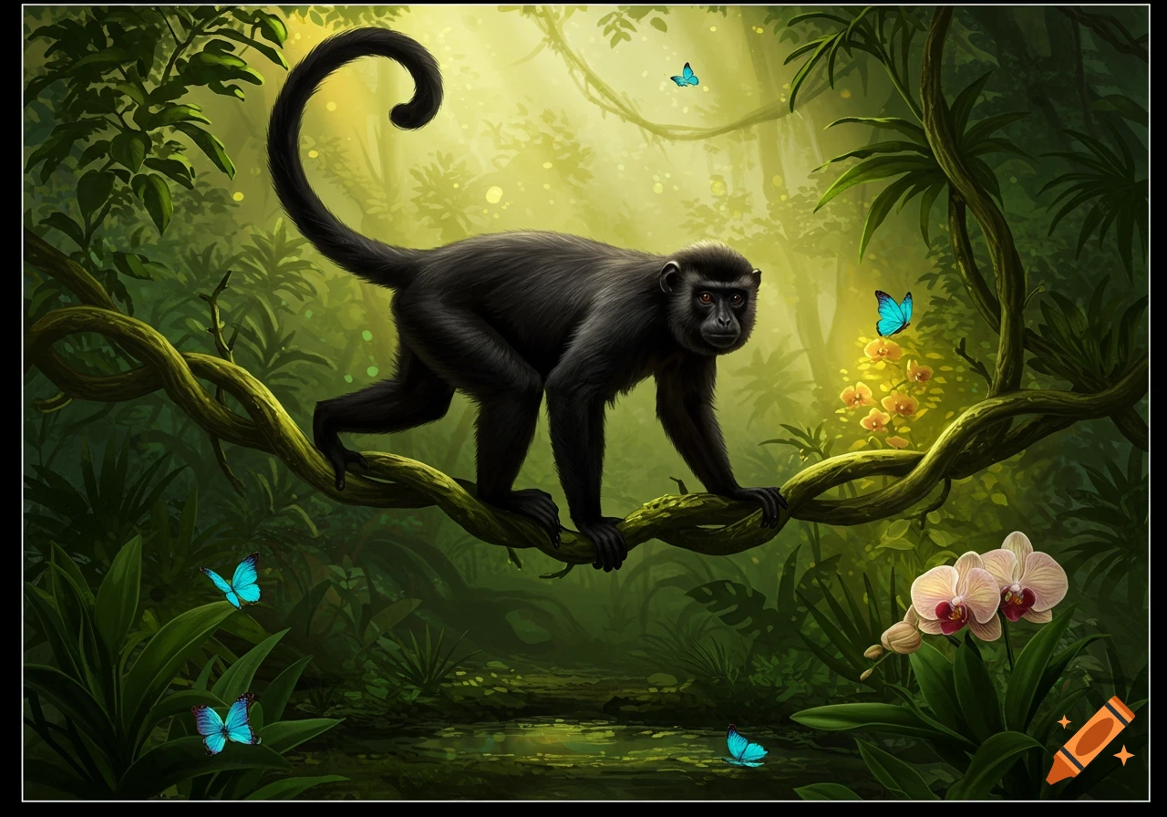 A black monkey with red eyes on a winding vine in a lush, vibrant jungle with blue butterflies and orchids.