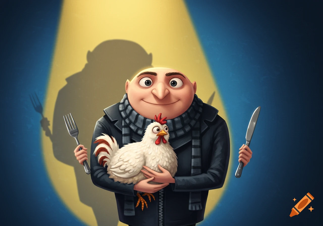 Cartoon character Gru holding a white chicken, with his shadow slyly holding a fork and knife.