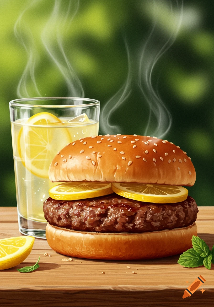 Digital painting of a burger with lemon slices, steam, and a glass of lemonade on a wooden table with a blurred green background.