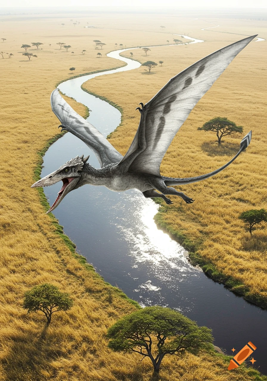 A large, grey pterodactyl with a tyrannosaurus head and spiky tail flies over a winding river in a golden savannah.