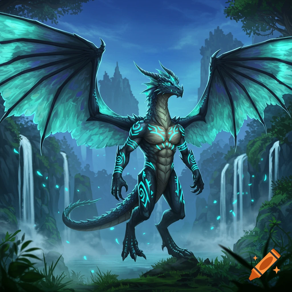 Muscular humanoid dragon with glowing blue tribal markings and large teal wings stands in a lush forest with waterfalls.