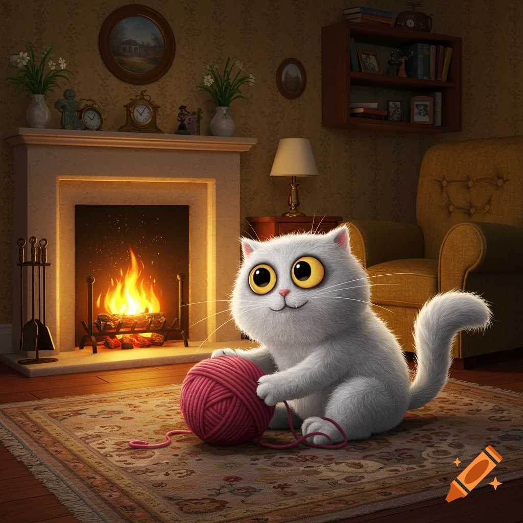 A fluffy white cartoon cat with big yellow eyes plays with a pink ball of yarn on a patterned rug in front of a warm fireplace in a cozy living room.