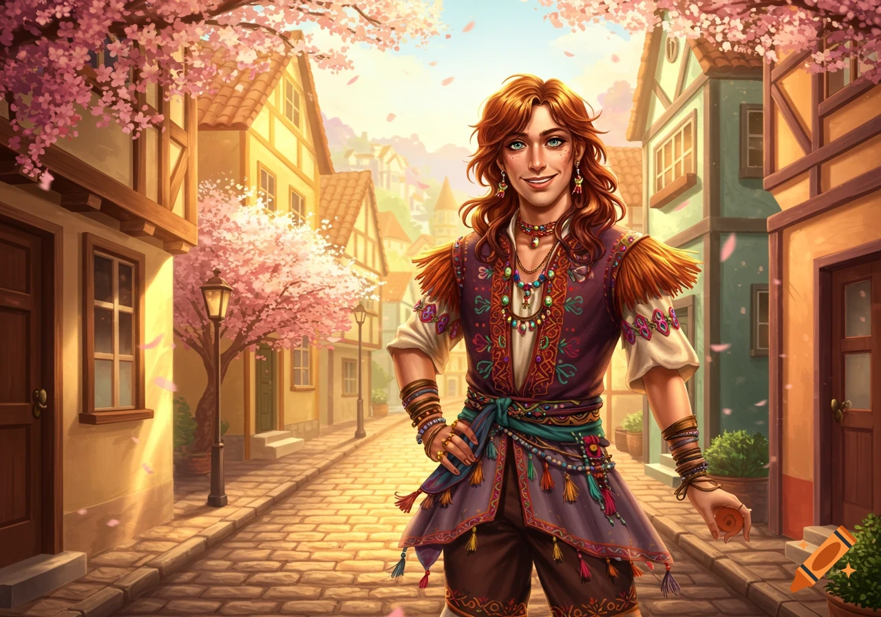 Smiling person with long hair and a colorful, ornate outfit standing on a cobblestone street in a cherry blossom-filled town, digital illustration.