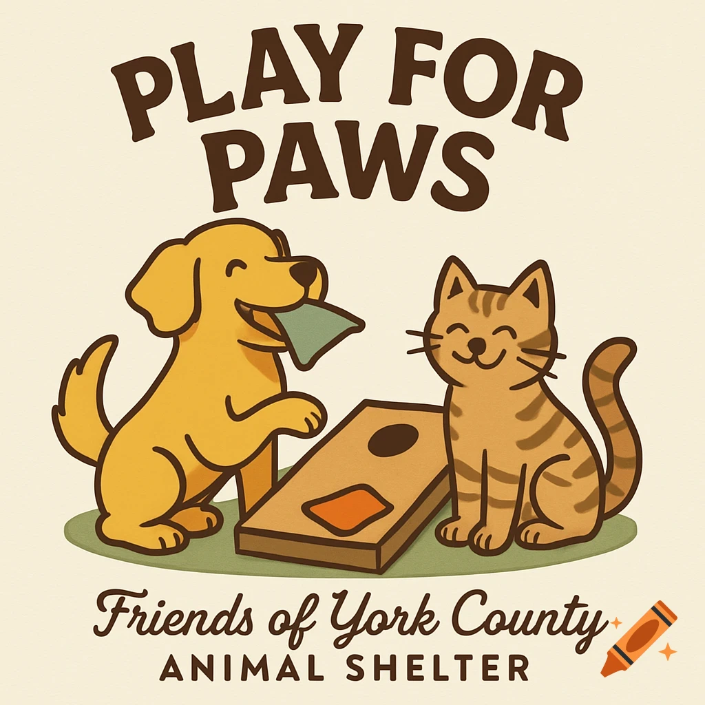 A cartoon illustration of a happy golden retriever dog and a tabby cat playing cornhole, with text "PLAY FOR PAWS Friends of York County ANIMAL SHELTER".
