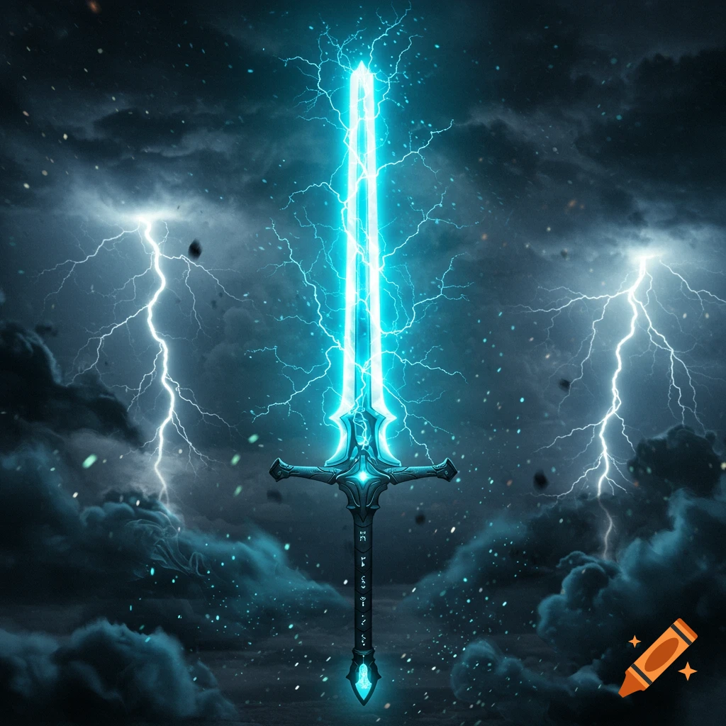 A glowing blue electricity sword with a dark, ornate hilt stands vertically amidst a stormy, cloud-filled sky with bright lightning strikes.