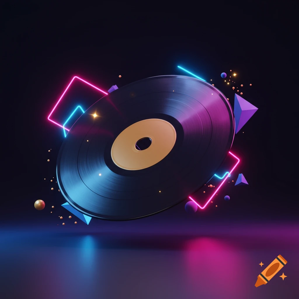 3D render of a glossy black vinyl record with a gold center, tilted against a dark background with neon pink and blue lights, abstract shapes, and sparkles.