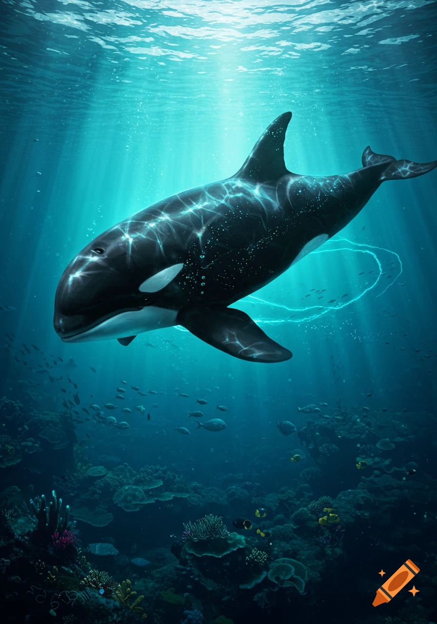 A majestic orca with glowing blue patterns swims through sunlit clear blue water above a coral reef and schools of fish.