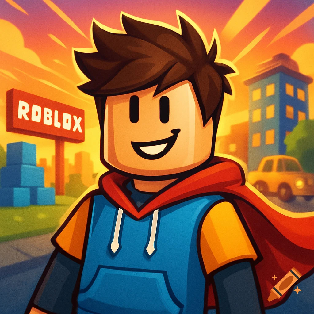 A smiling Roblox-style avatar in a red cape and blue hoodie stands in a city with a 'ROBLOX' sign against an orange sky.