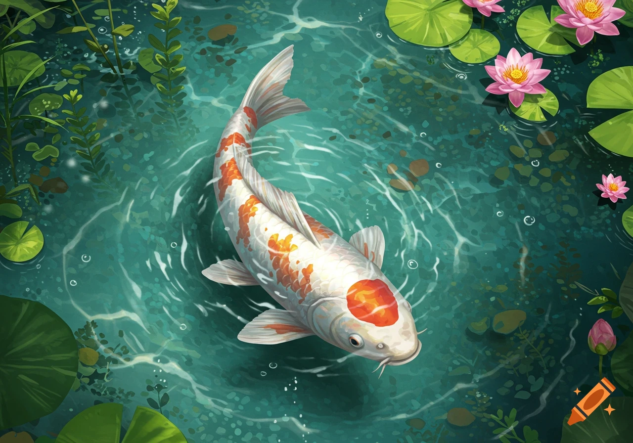 A white and orange koi fish swims in clear green water surrounded by lily pads and pink water lilies in an illustrated style.