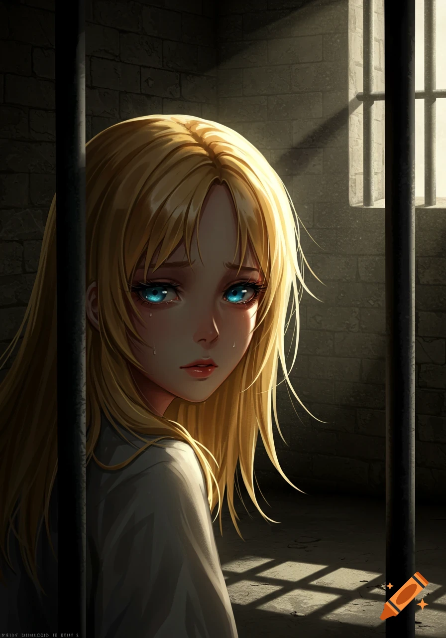 A sad blond anime girl with bright blue eyes, shedding tears in a dimly lit prison cell, bars in the foreground and a barred window in the background.