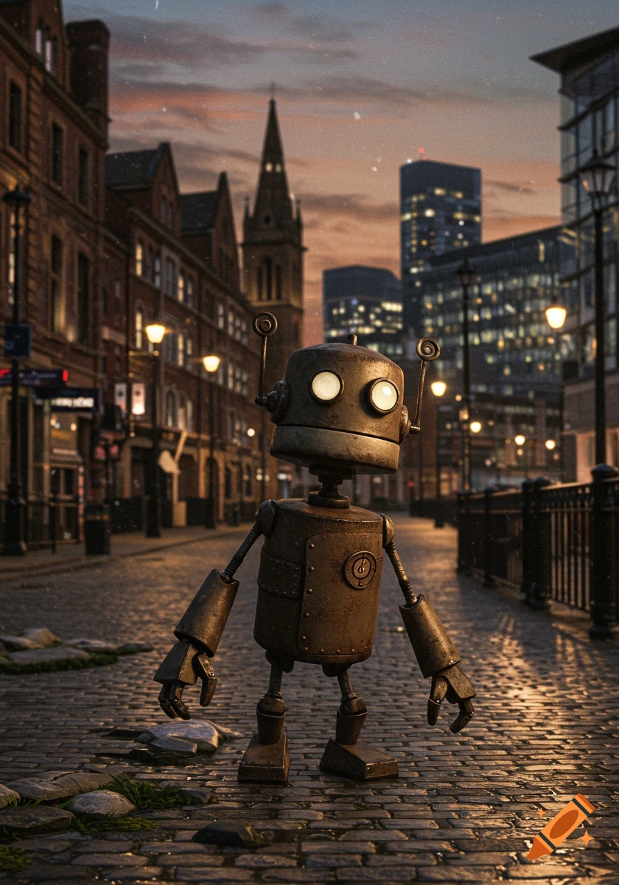 A rusty, Machinarium-style robot stands on a wet cobblestone street at dusk in a city with old and modern buildings.