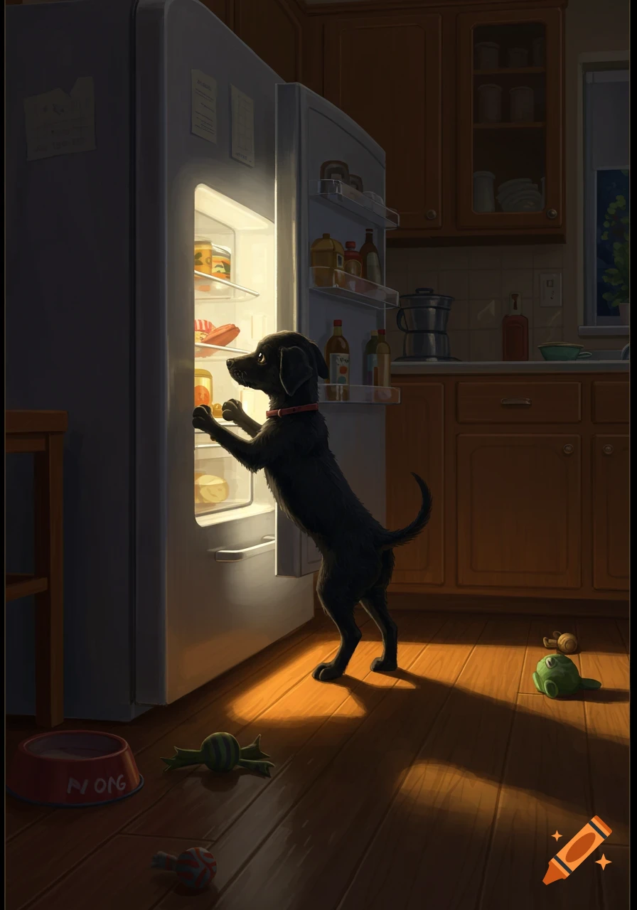 A black puppy on its hind legs peers into an open, brightly lit refrigerator in a dimly lit kitchen, seeking food. Dog toys are on the floor.