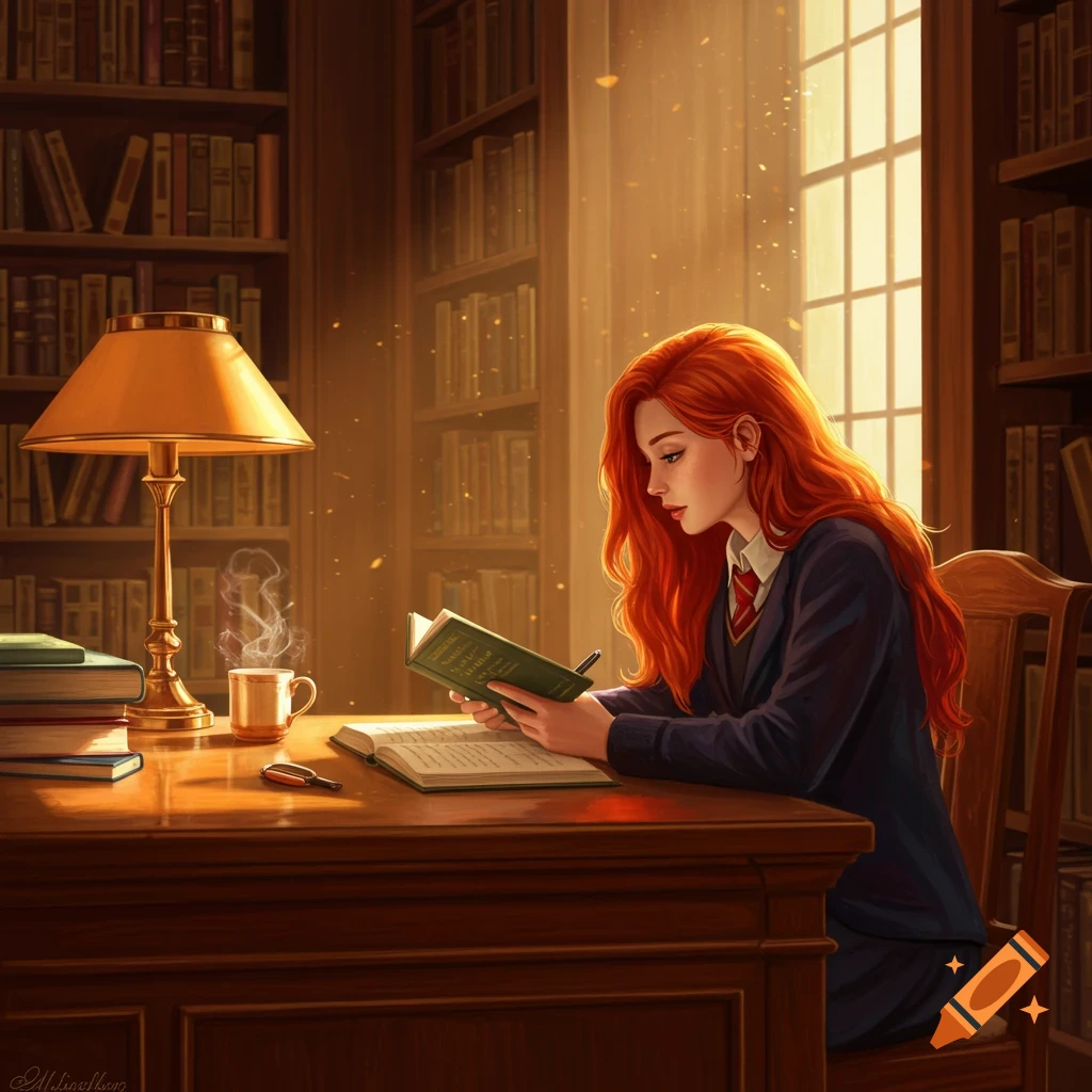 A red-haired student in a school uniform reads a book at a wooden desk in a sunlit library, with shelves of books behind.