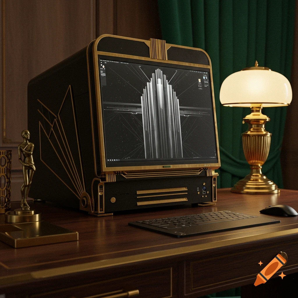 An ornate Art Deco desktop computer with a black and gold finish sits on a wooden desk next to a matching lamp.