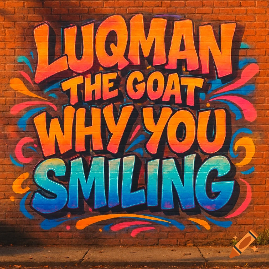 Colorful graffiti mural on a brick wall reading 'LUQMAN THE GOAT WHY YOU SMILING' in a vibrant, playful style.