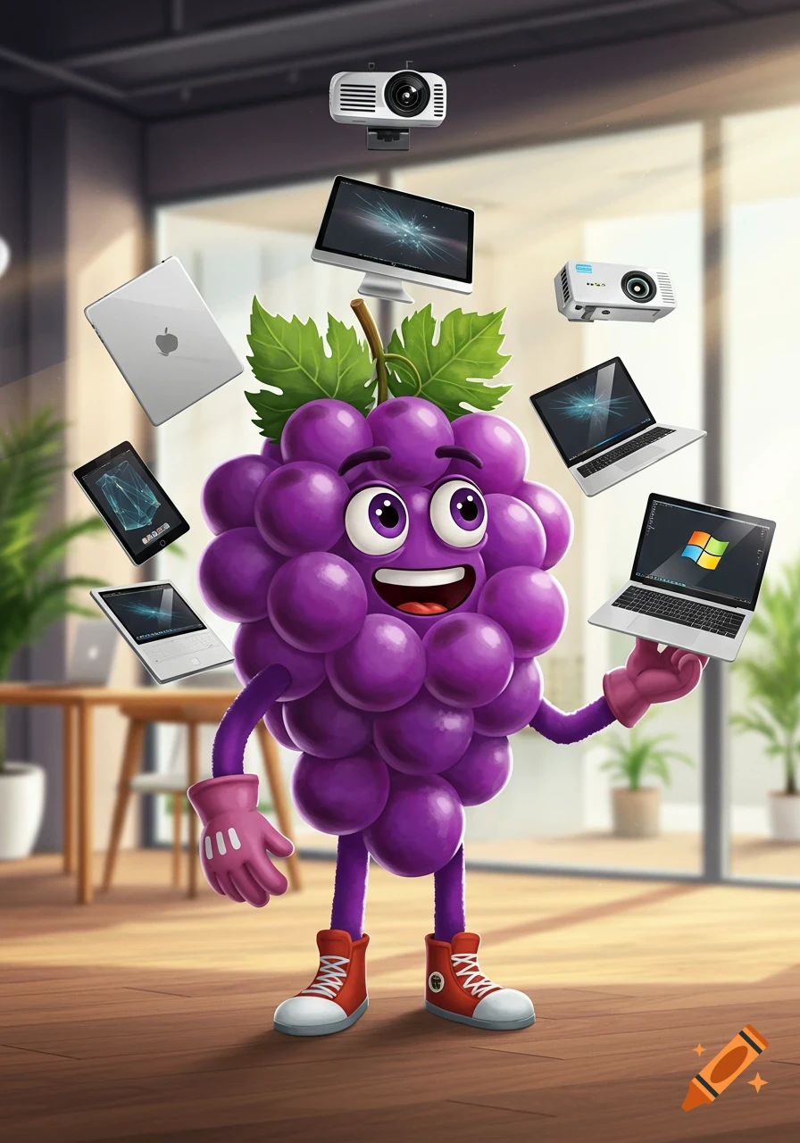A cartoon grape mascot juggles an iPad, laptops, desktop, and projectors in a bright office.