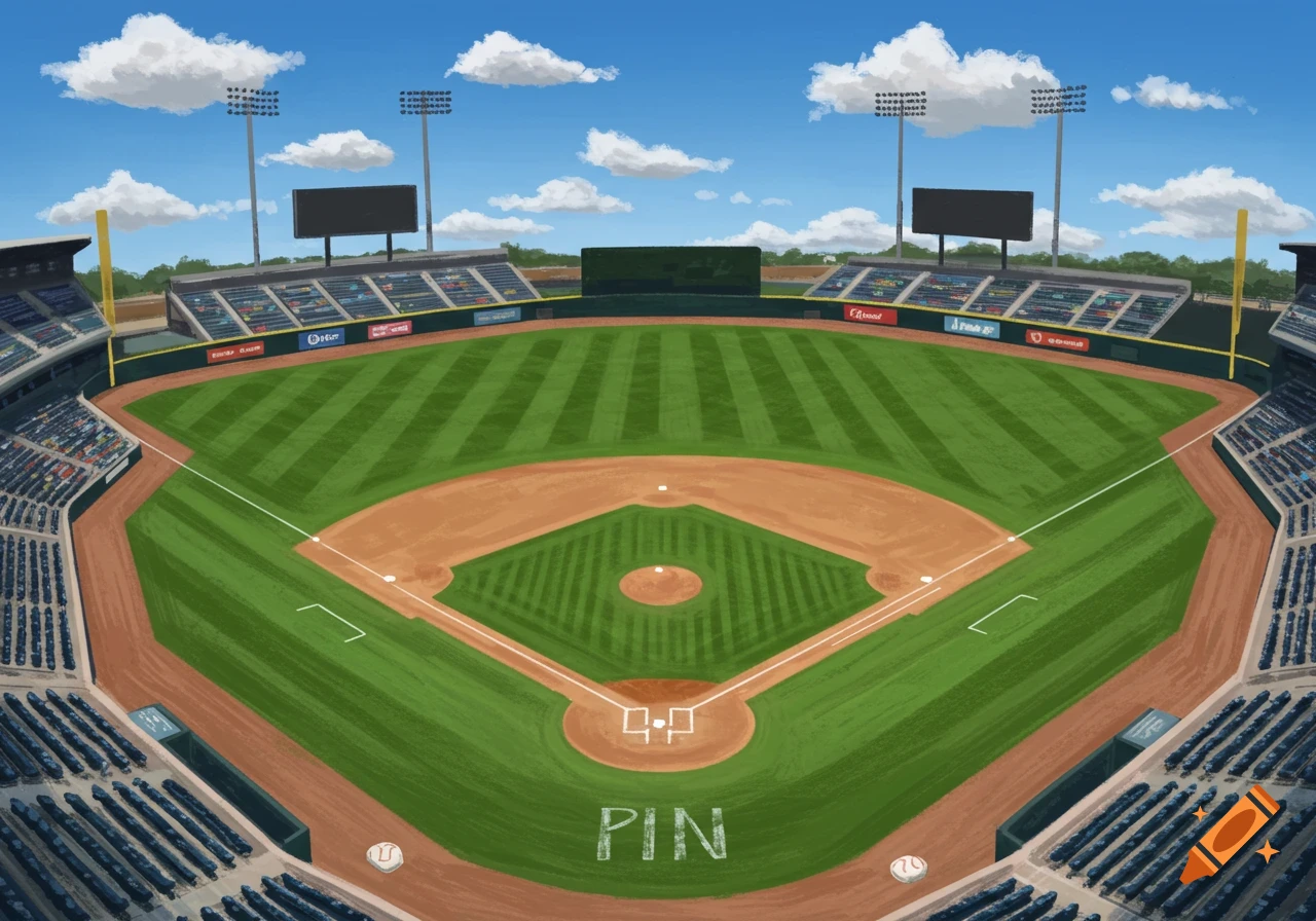 An overhead view of an empty baseball stadium with a green field, brown dirt diamond, and blue sky with clouds.