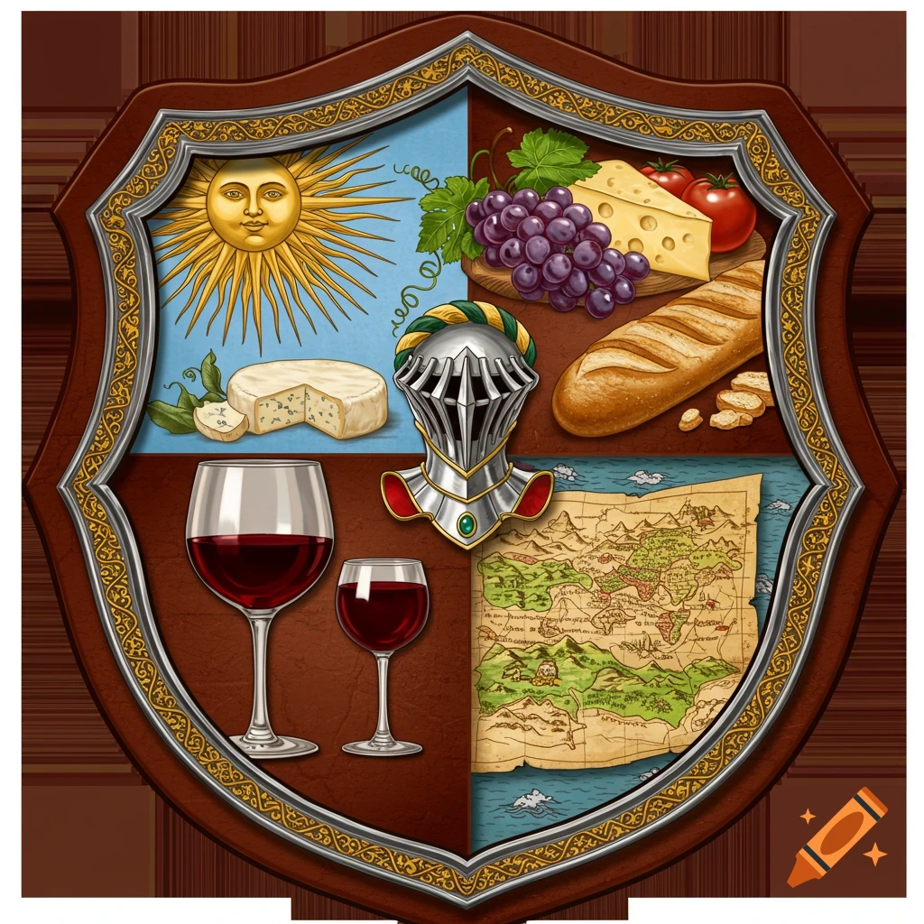 A stylized coat of arms featuring a sun, cheese, grapes, bread, wine glasses, a knight's helmet, and a vintage map.