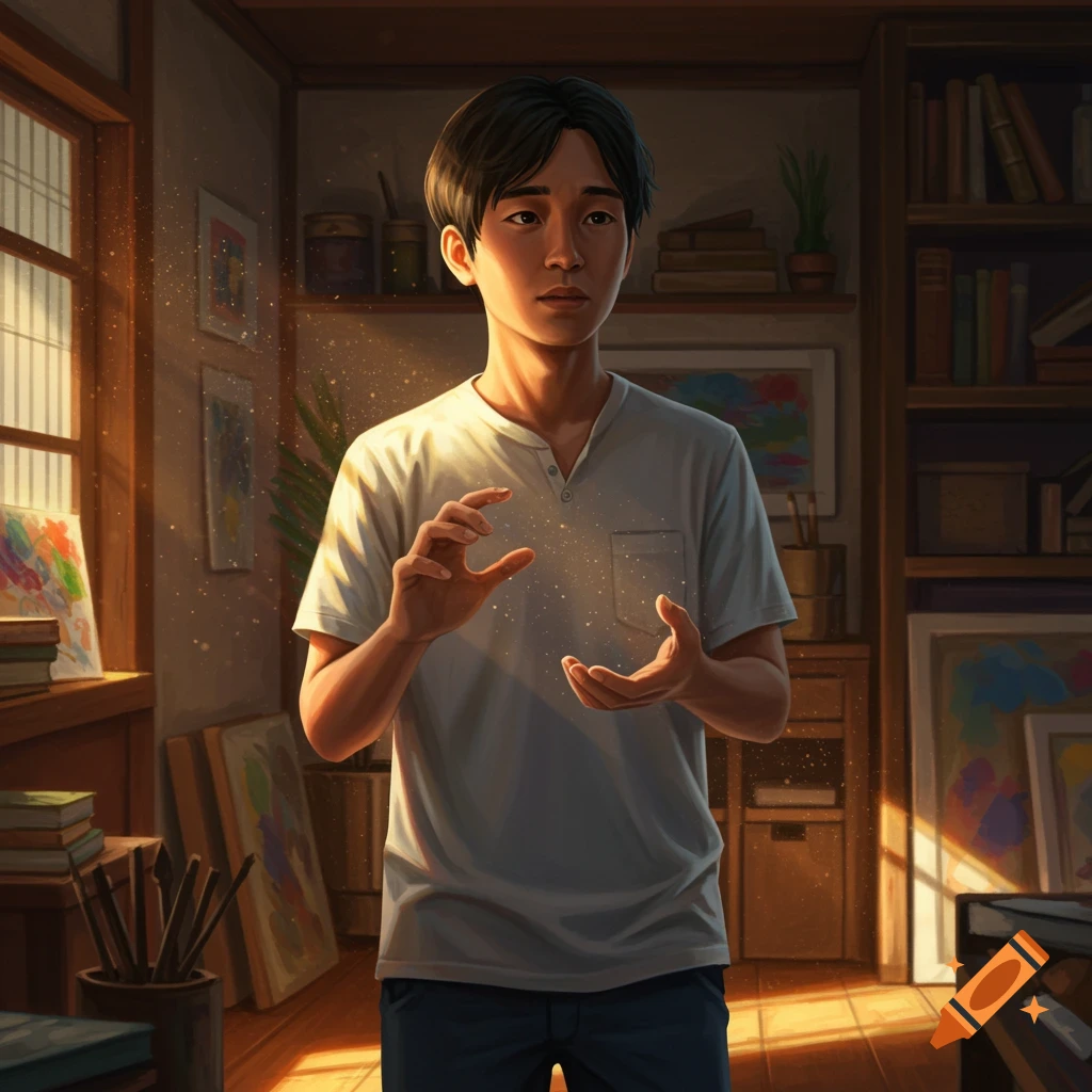 A young man with dark hair in a t-shirt stands in a sunlit art studio, holding his hands with sparkling light between them.