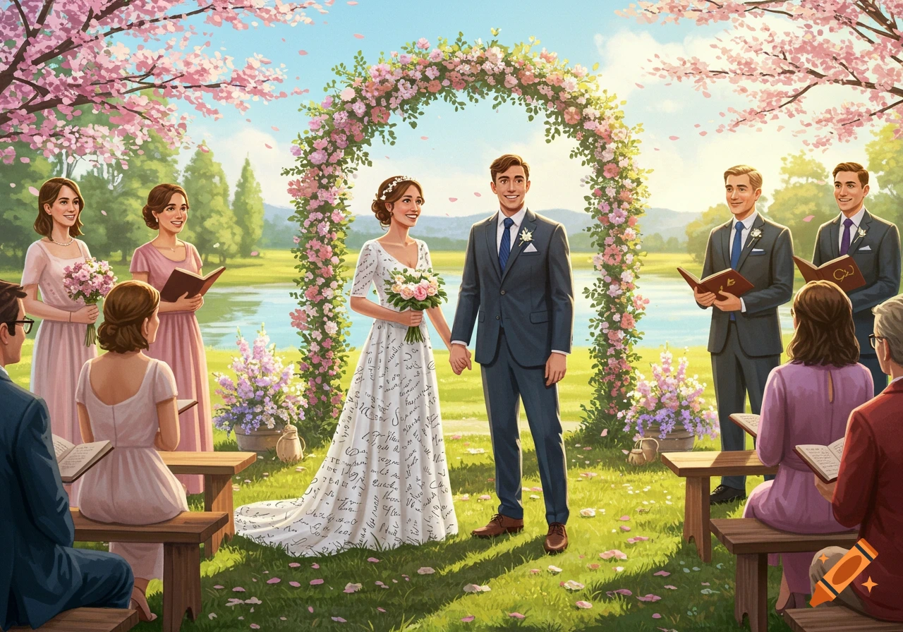 A cartoon illustration of a happy couple getting married outdoors under a floral arch, surrounded by guests and cherry blossoms.