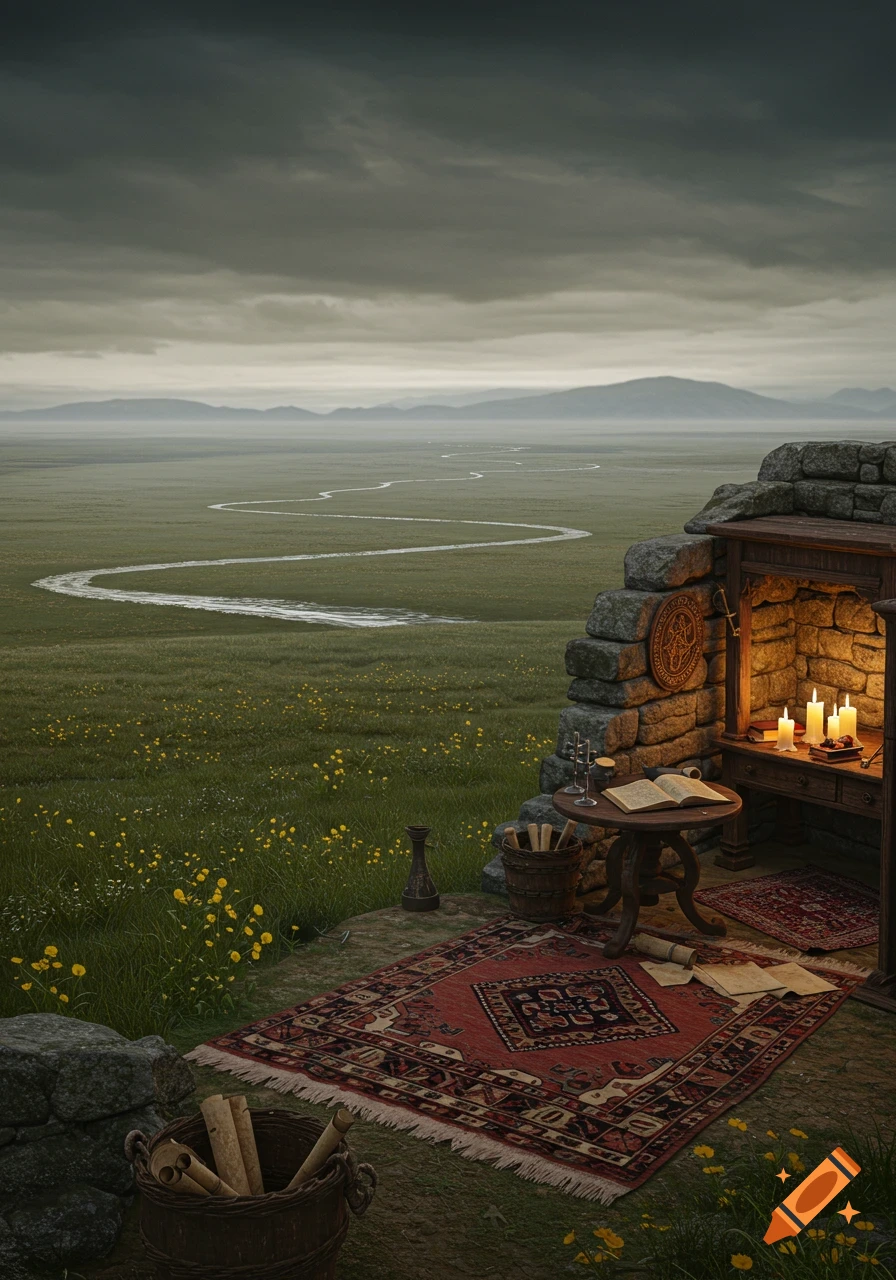 A stone shelter with a lit fireplace, rugs, and a book overlooks a vast green plain with a winding river under a cloudy sky.