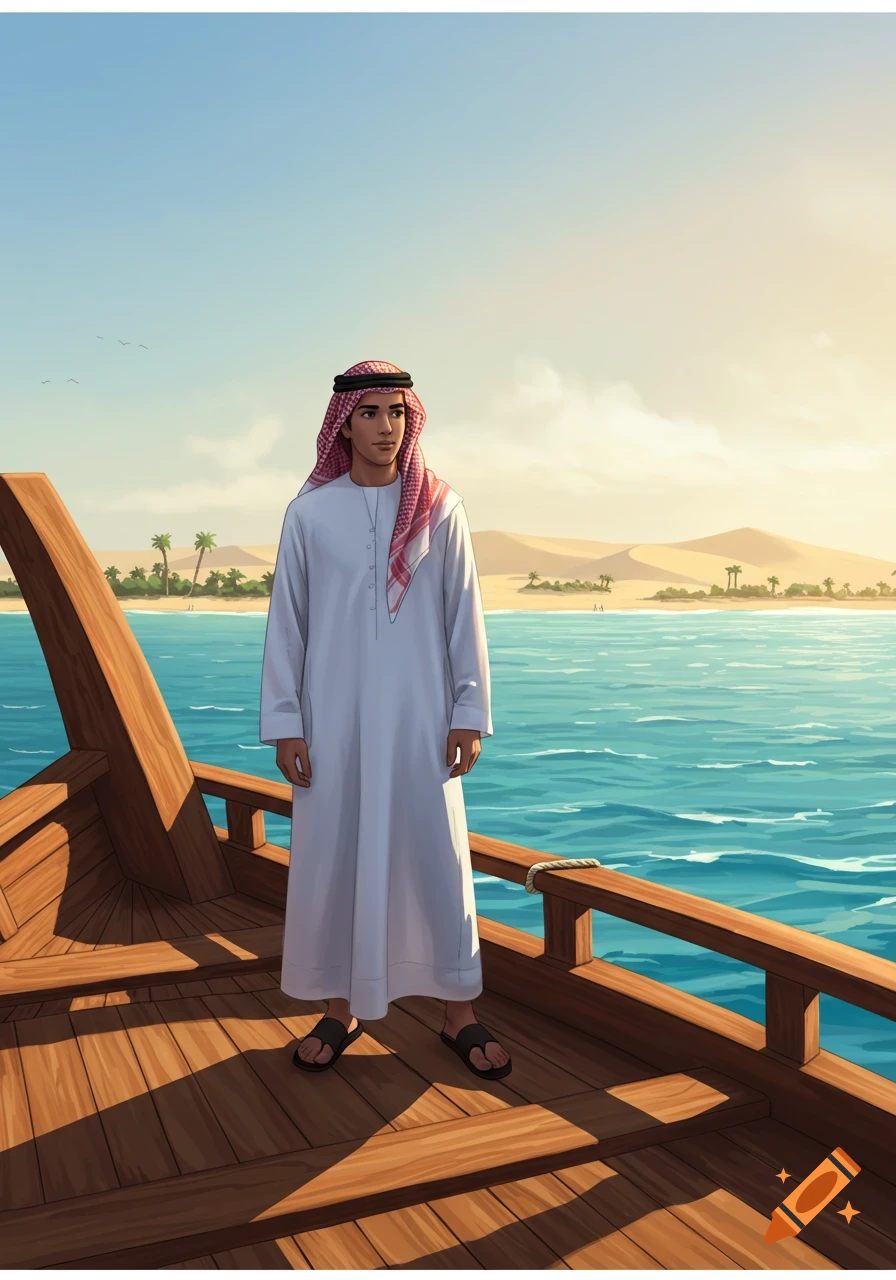 Illustrated young Arab man in traditional clothing stands on a wooden boat, gazing at a coastal desert landscape.